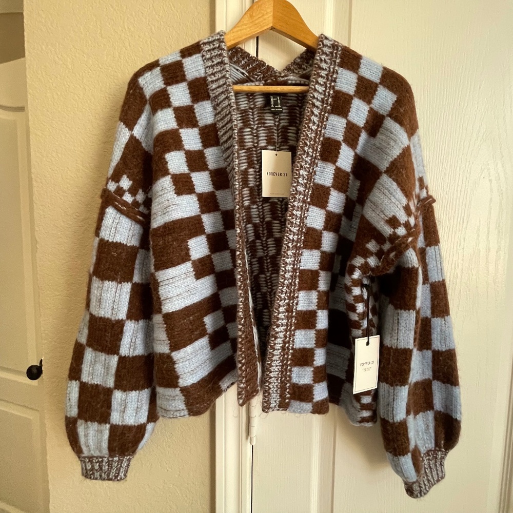 Brown and Blue Knit Checkered Cardigan
